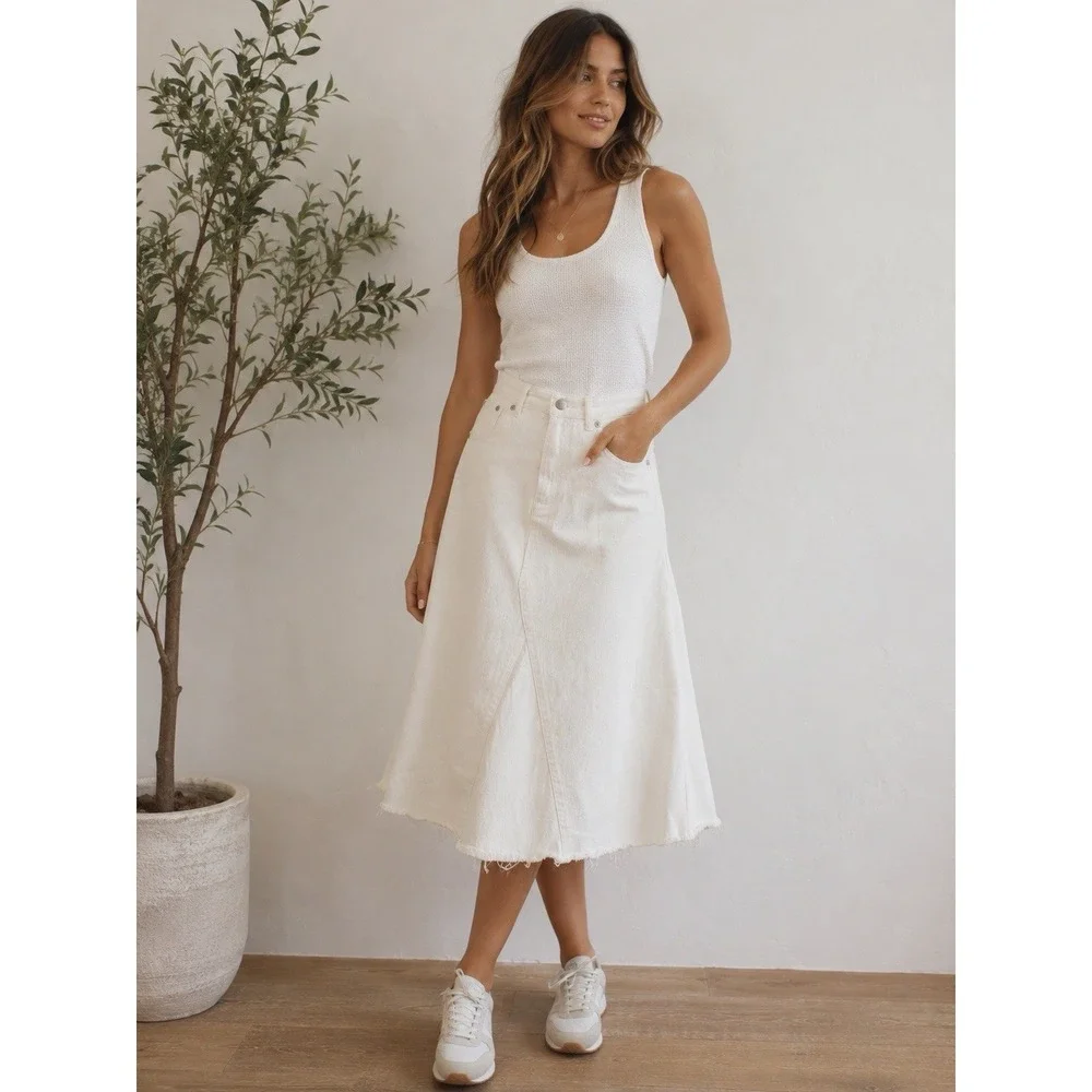 Free People One Boho Raw Hem Denim A-Line Midi Skirt Ivory Size 2